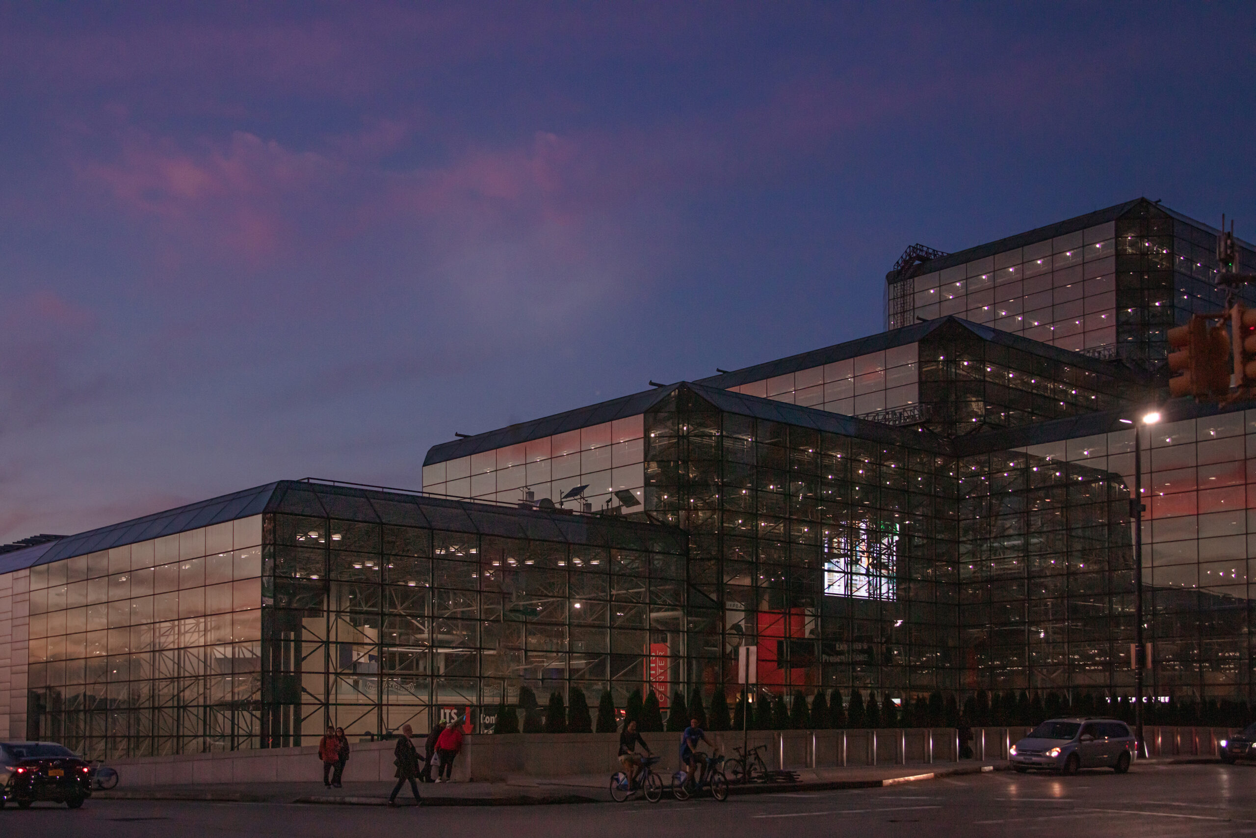 Exterior shot of the Javits Center at twilight